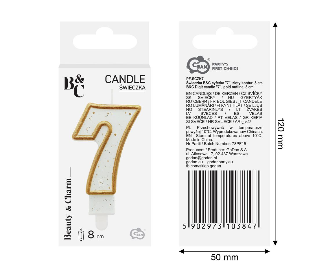 Digit candle "7", gold outline, 8 cm